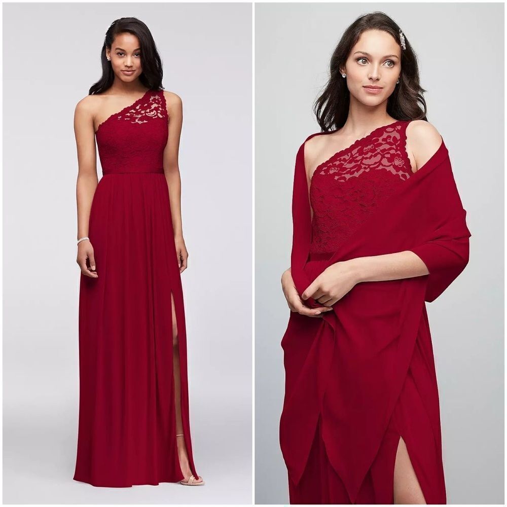 David's Bridal One Shoulder Lace Bodice Long Maxi Dress Size 22 Apple Red